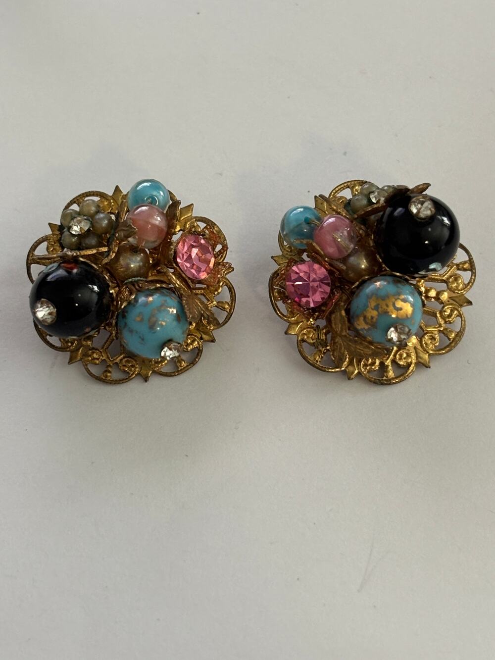 Vintage Miriam Haskell Style Ornate Beaded Earrings Art Glass Beads Gold Tone